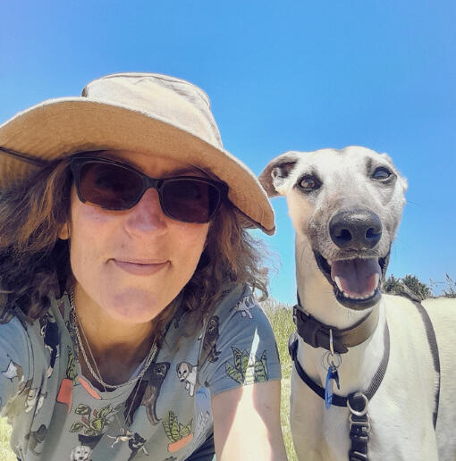 Dr Cath Rivron & Kipp Vet Behavioural Therapy image of Dr. Catherine Rivron and her pet Whippet.